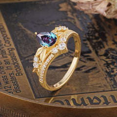 Nature-Inspired Pear-Cut Alexandrite Couple's Engagement Ring Set