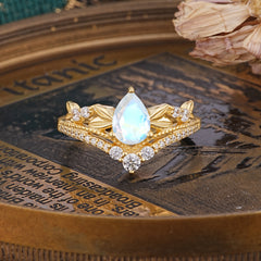 Nature-Inspired Pear-Cut Natural Moonstone Couple's Engagement Ring Set