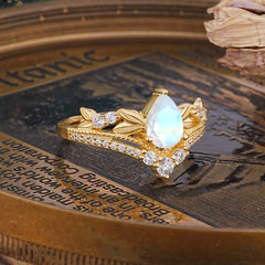Nature-Inspired Pear-Cut Natural Moonstone Couple's Engagement Ring Set