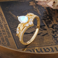 Nature-Inspired Pear-Cut Natural Moonstone Couple's Engagement Ring Set