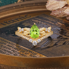Nature-Inspired Pear-Cut Natural Peridot Couple's Engagement Ring Set