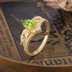 Nature-Inspired Pear-Cut Natural Peridot Couple's Engagement Ring Set
