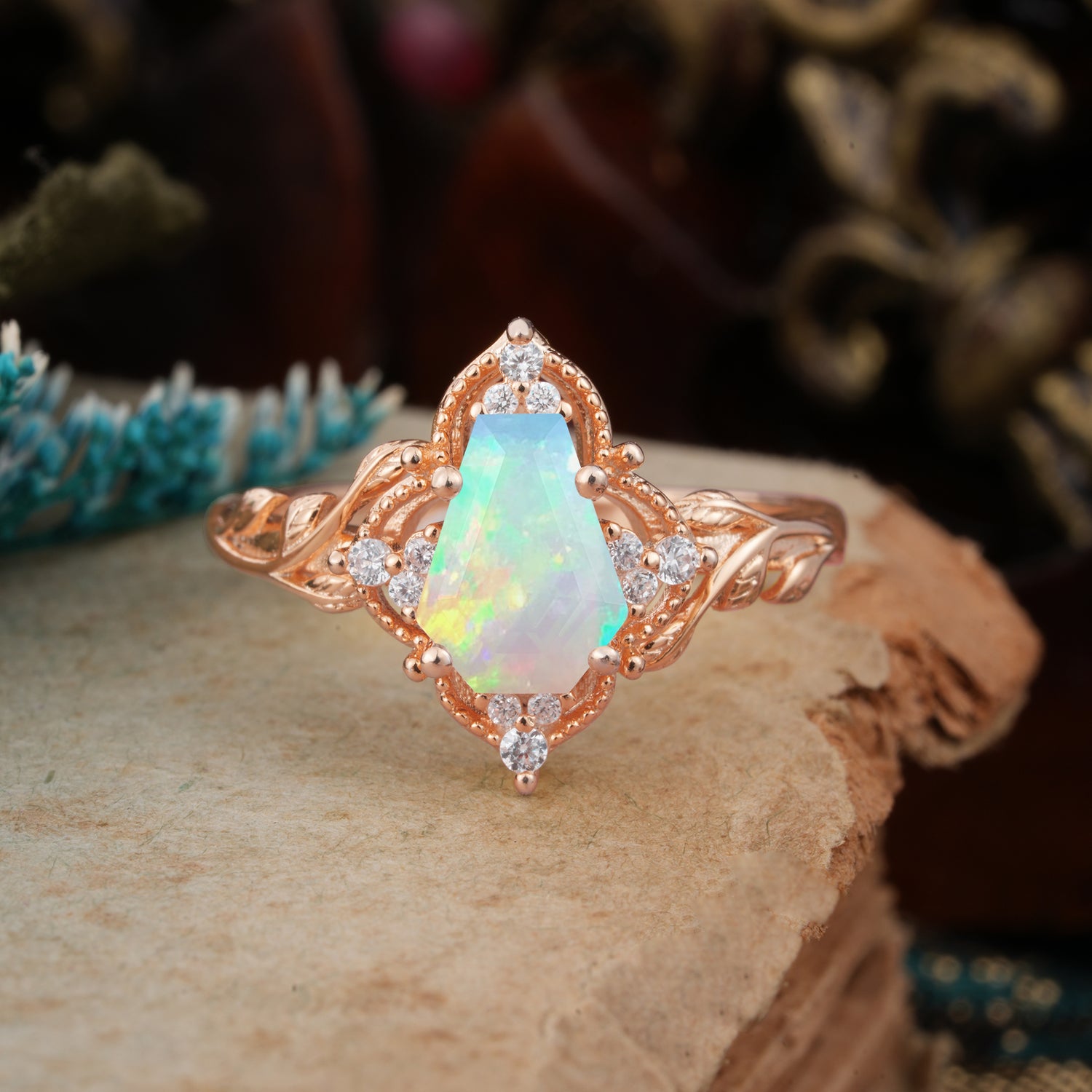 Antique Nature Inspired Coffin-Cut Opal Engagement Ring