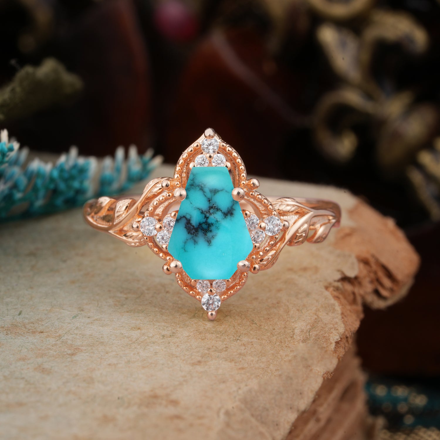 Antique Nature Inspired Coffin-Cut Turquoise Engagement Ring