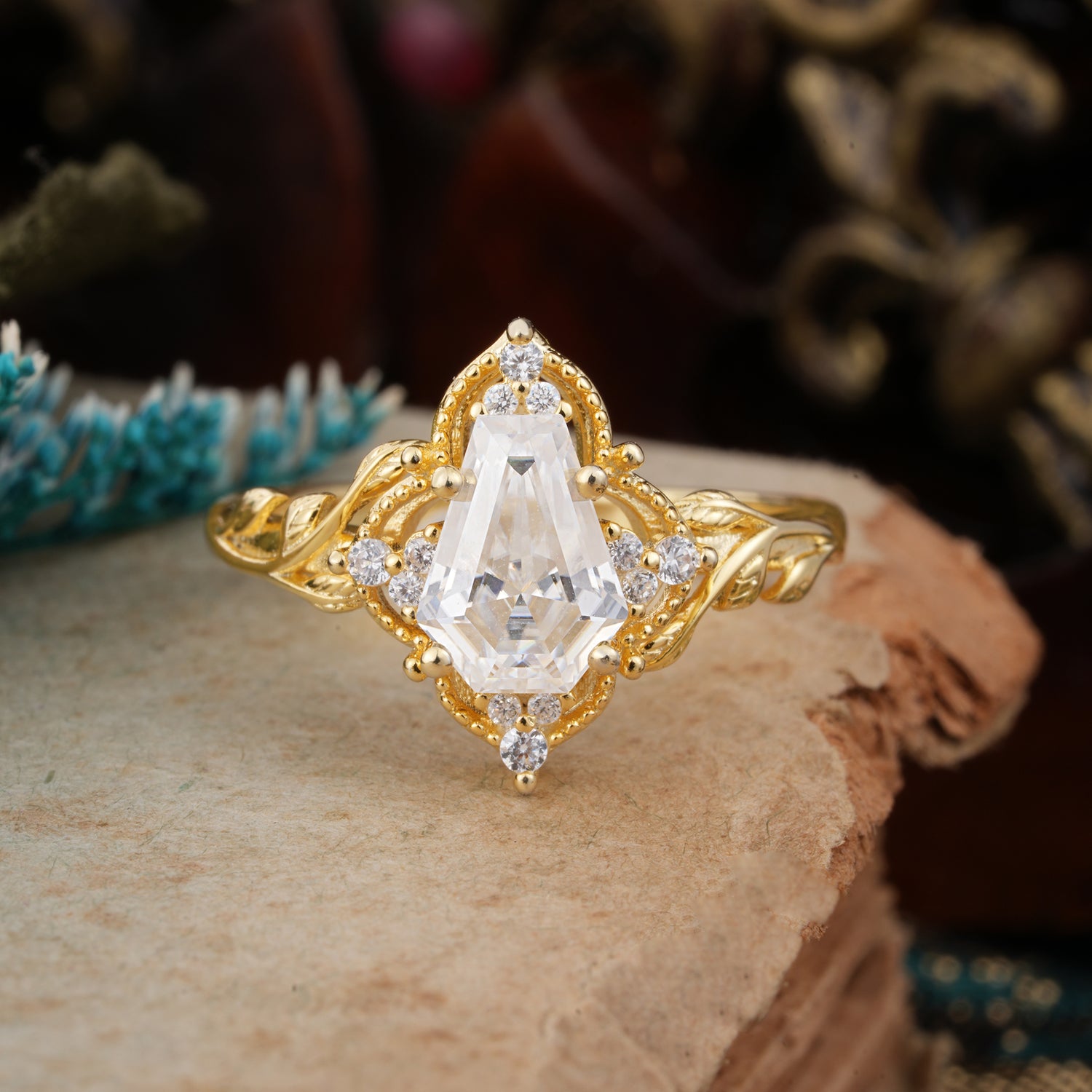 Antique Nature Inspired Coffin-Cut Moissanite Engagement Ring