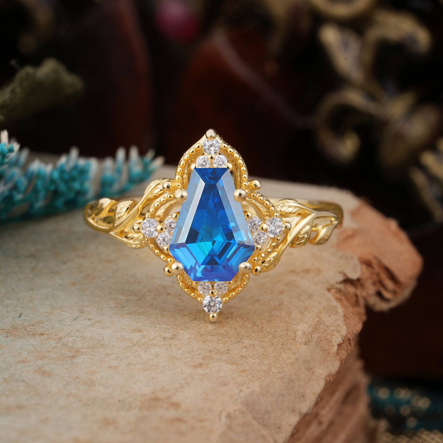Antique Nature Inspired Coffin-Cut Sapphire Engagement Ring