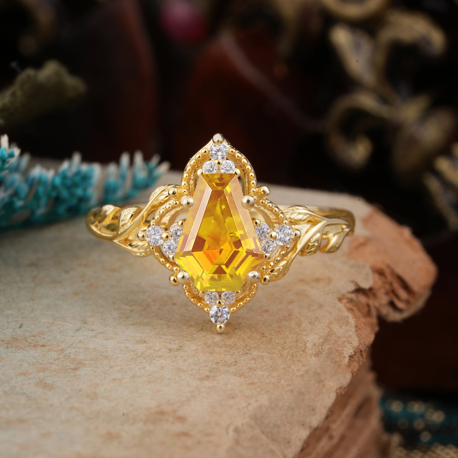 Antique Nature Inspired Coffin-Cut Citrine Engagement Ring