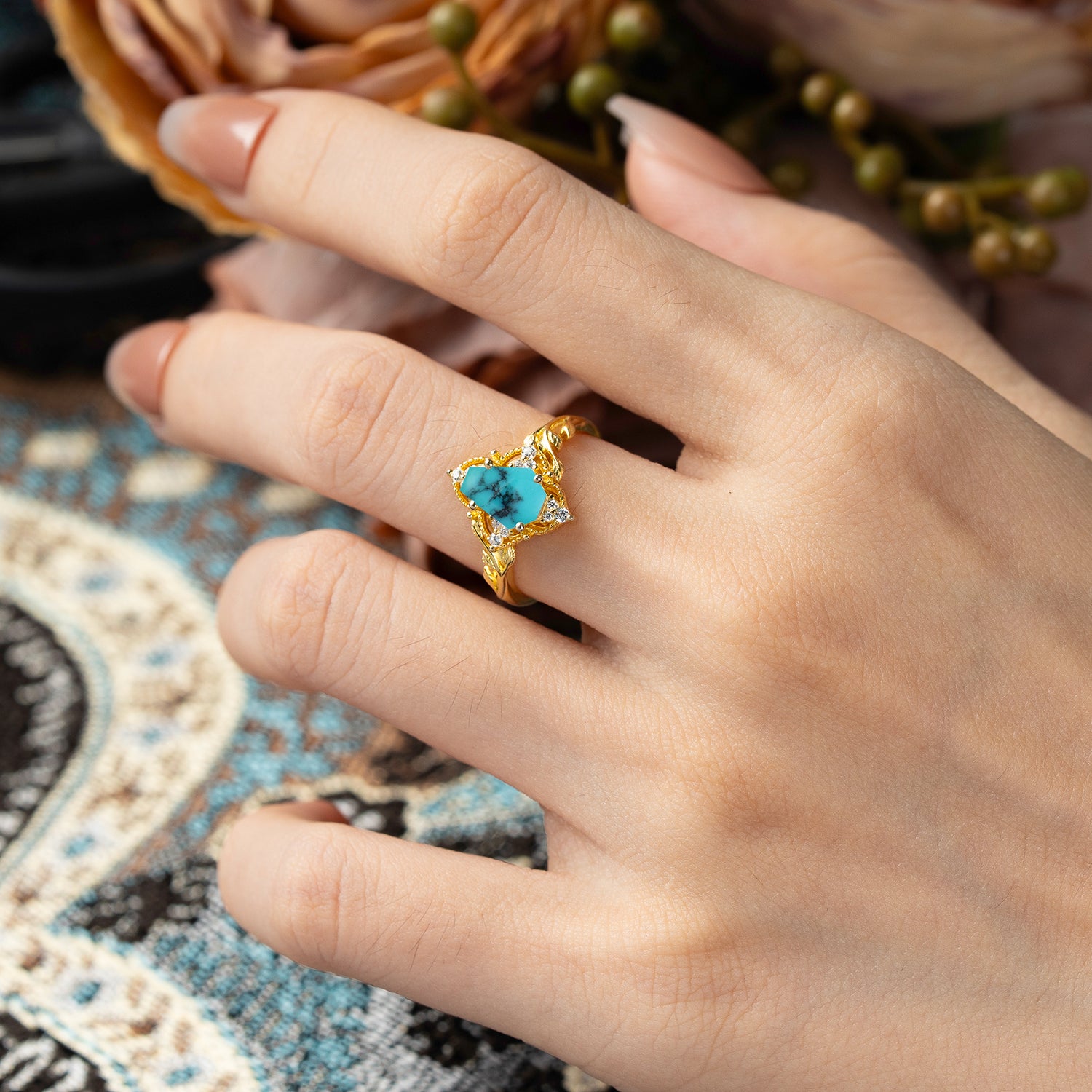 Antique Nature Inspired Coffin-Cut Turquoise Engagement Ring