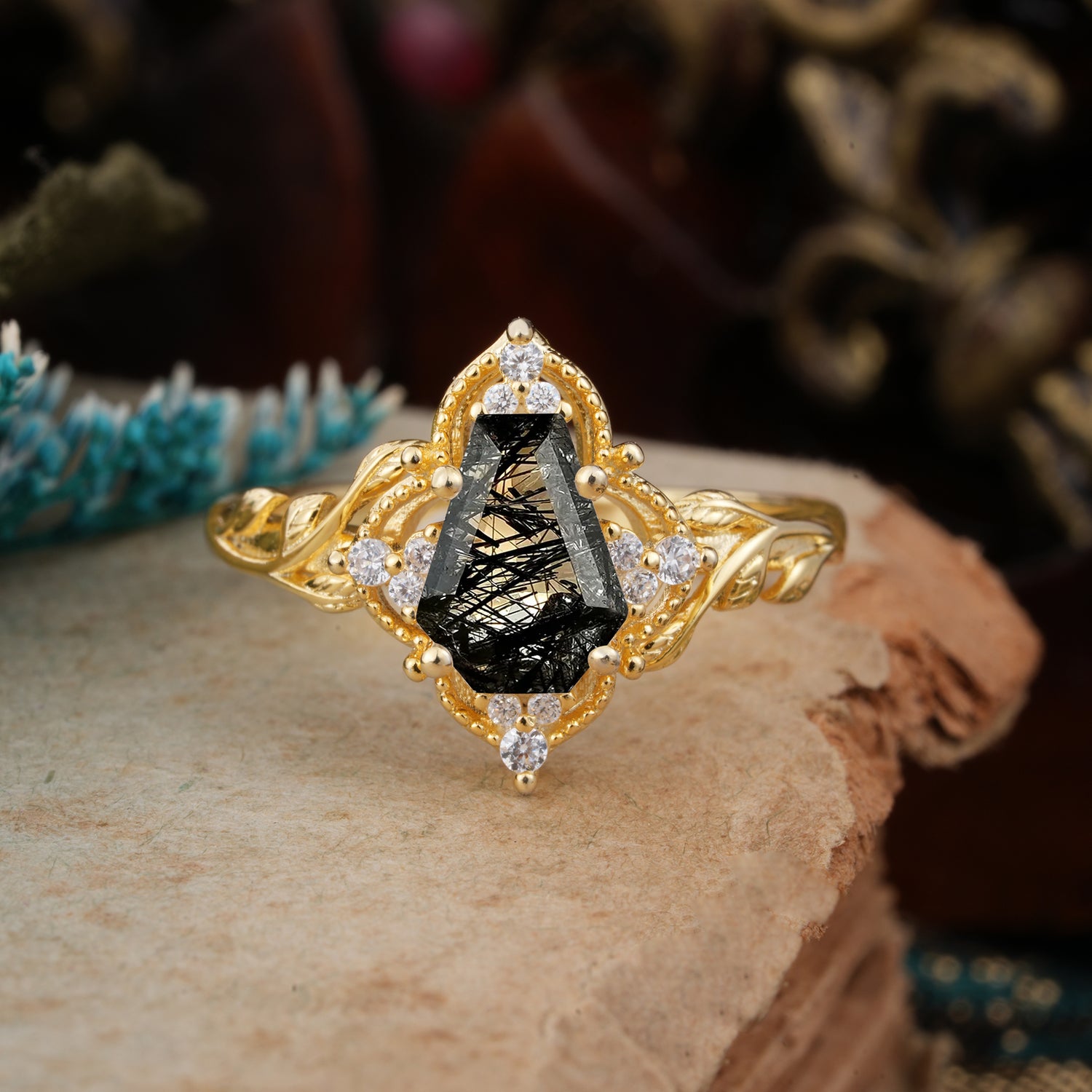 Antique Nature Inspired Coffin-Cut Black Rutilated Quartz Engagement Ring