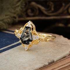 Antique Nature Inspired Coffin-Cut Black Rutilated Quartz Engagement Ring