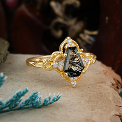 Antique Nature Inspired Coffin-Cut Black Rutilated Quartz Engagement Ring