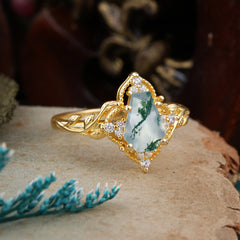 Antique Nature Inspired Coffin-Cut Moss Agate Engagement Ring