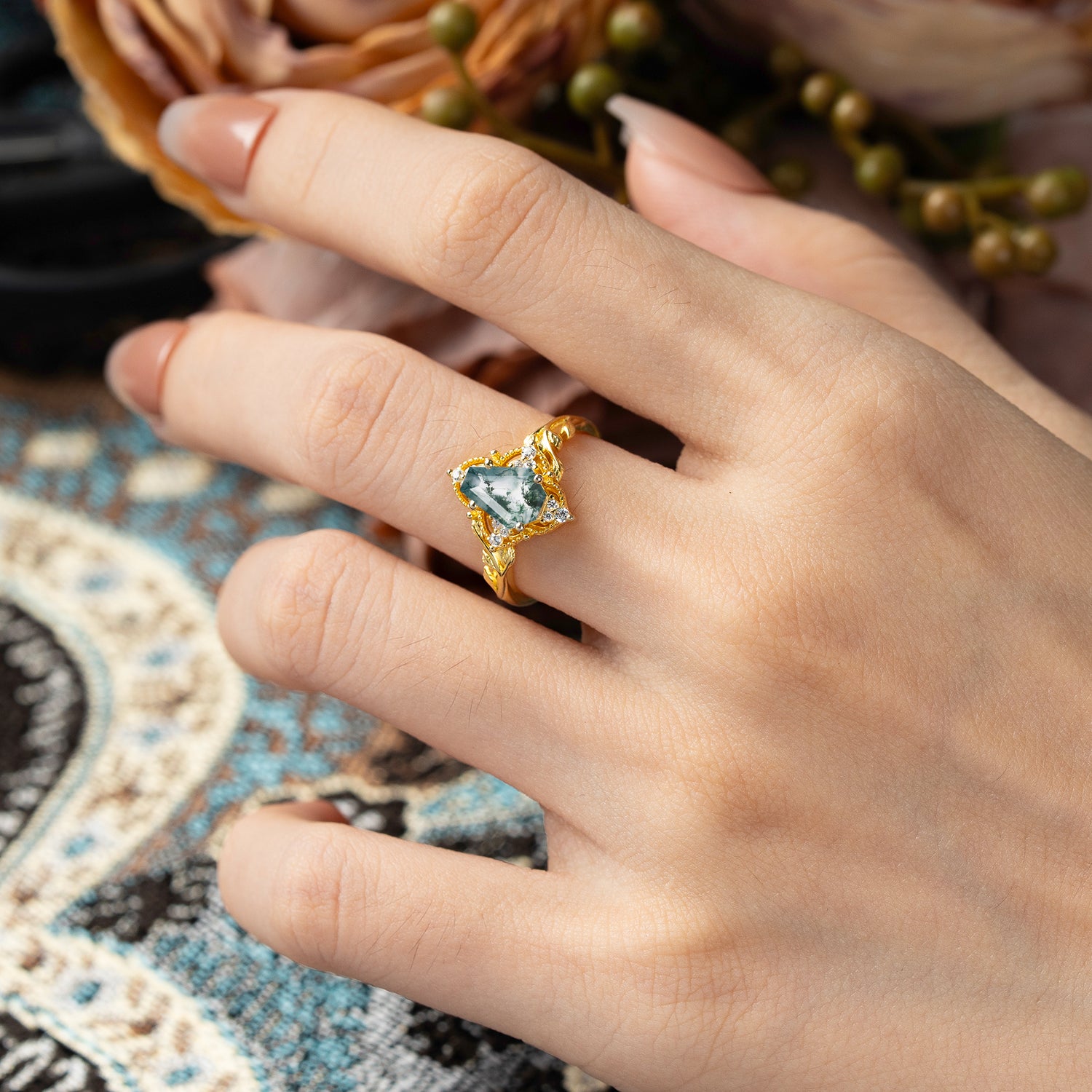 Antique Nature Inspired Coffin-Cut Moss Agate Engagement Ring
