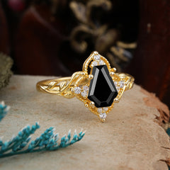 Antique Nature Inspired Coffin-Cut Black Onyx Engagement Ring