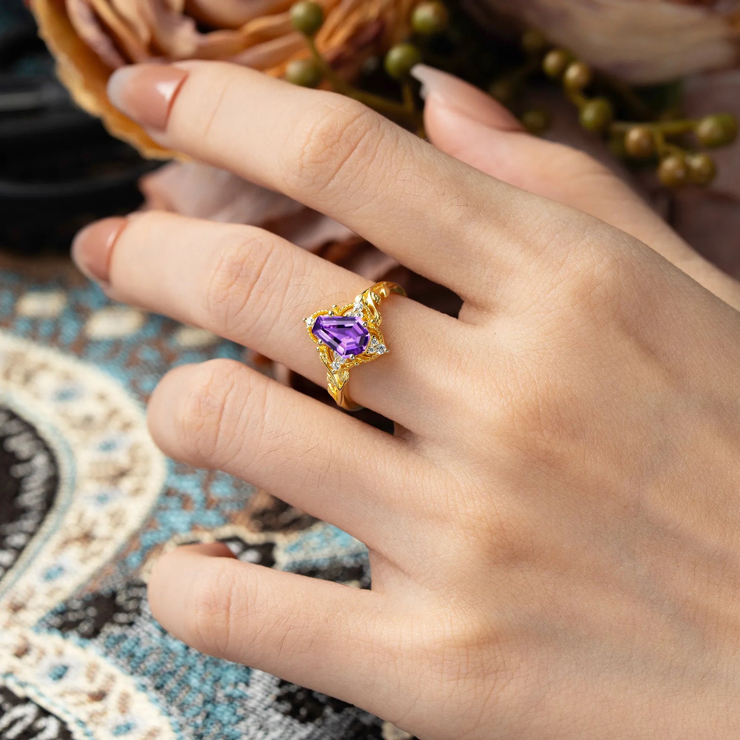 Antique Nature Inspired Coffin-Cut Amethyst Engagement Ring