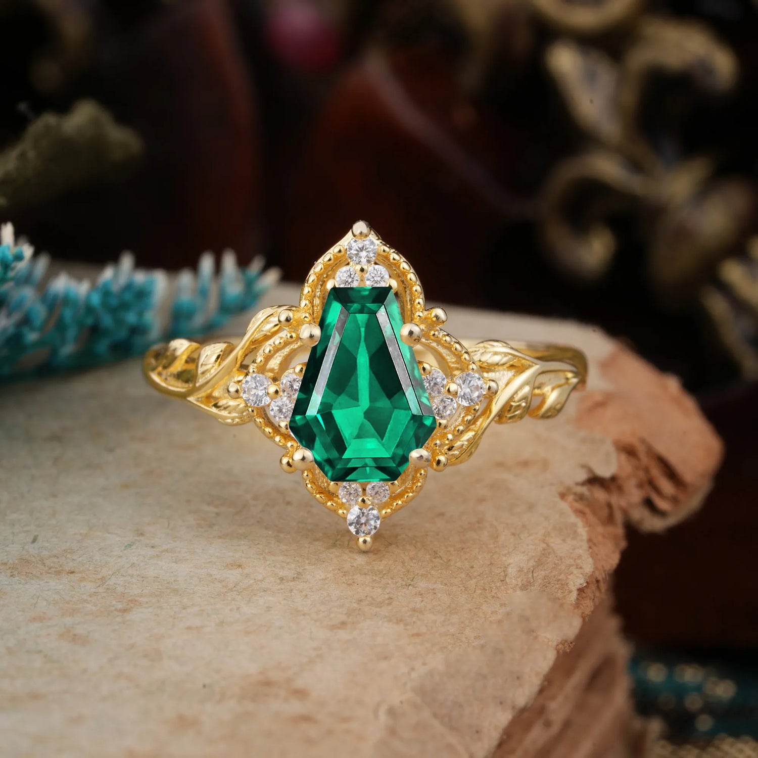 Antique Nature Inspired Coffin-Cut Emerald Engagement Ring