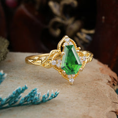 Antique Nature Inspired Coffin-Cut Emerald Engagement Ring