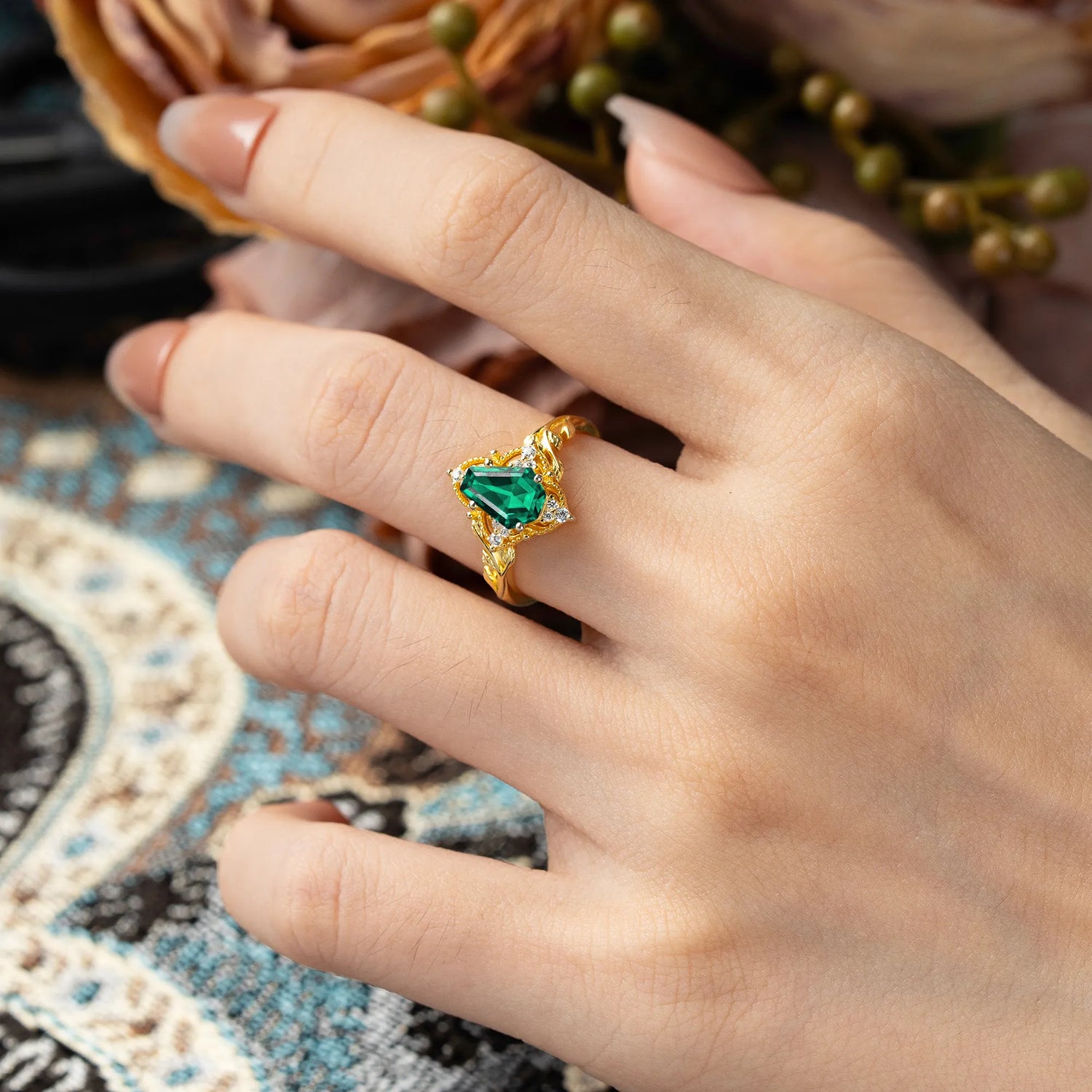 Antique Nature Inspired Coffin-Cut Emerald Engagement Ring