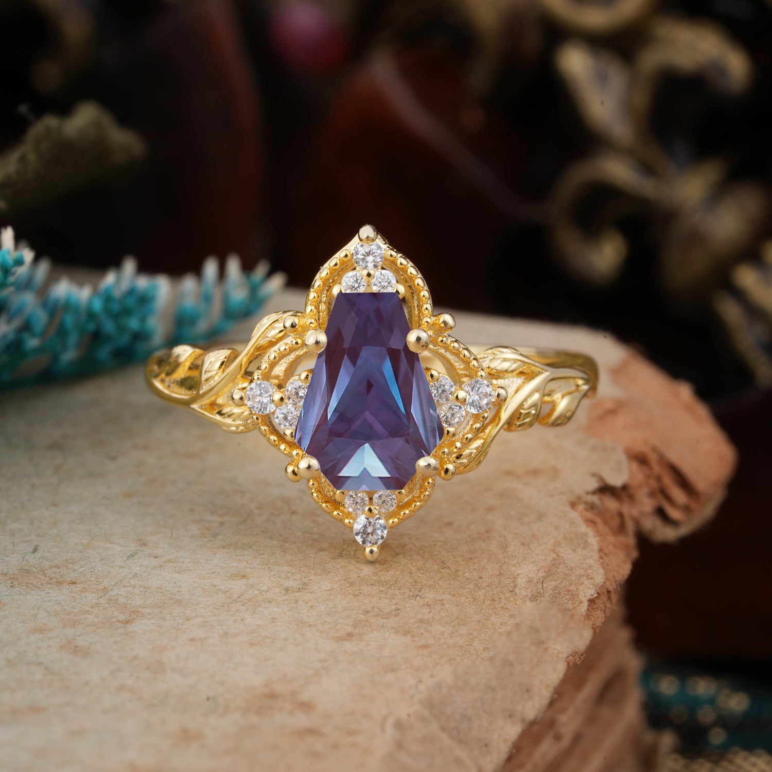 Antique Nature Inspired Coffin-Cut Alexandrite Engagement Ring