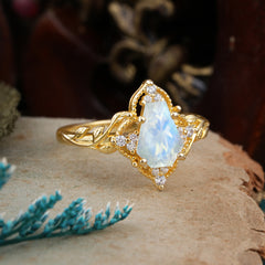 Antique Nature Inspired Coffin-Cut Moonstone Engagement Ring