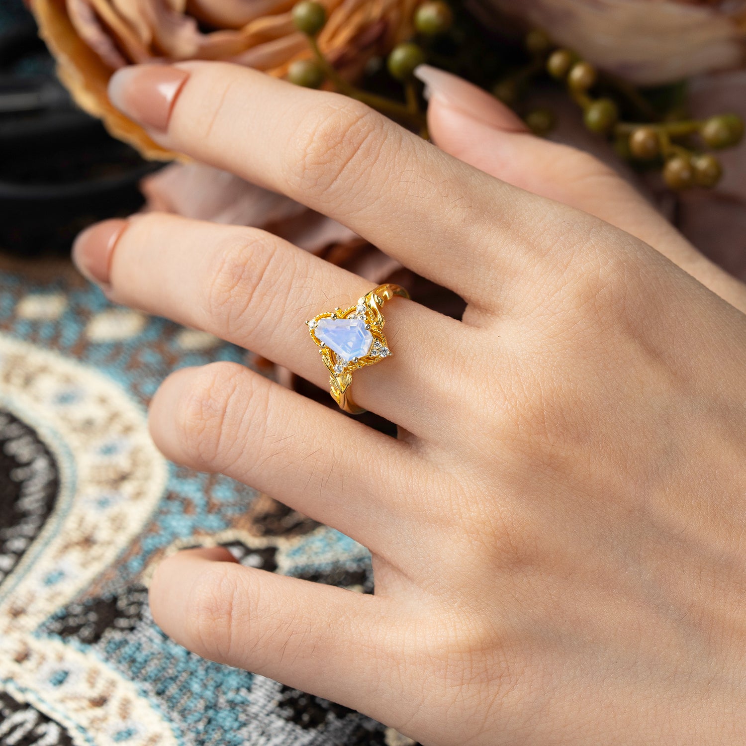 Antique Nature Inspired Coffin-Cut Moonstone Engagement Ring