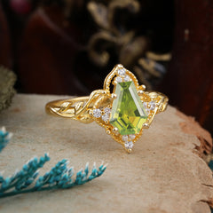 Antique Nature Inspired Coffin-Cut Peridot Engagement Ring