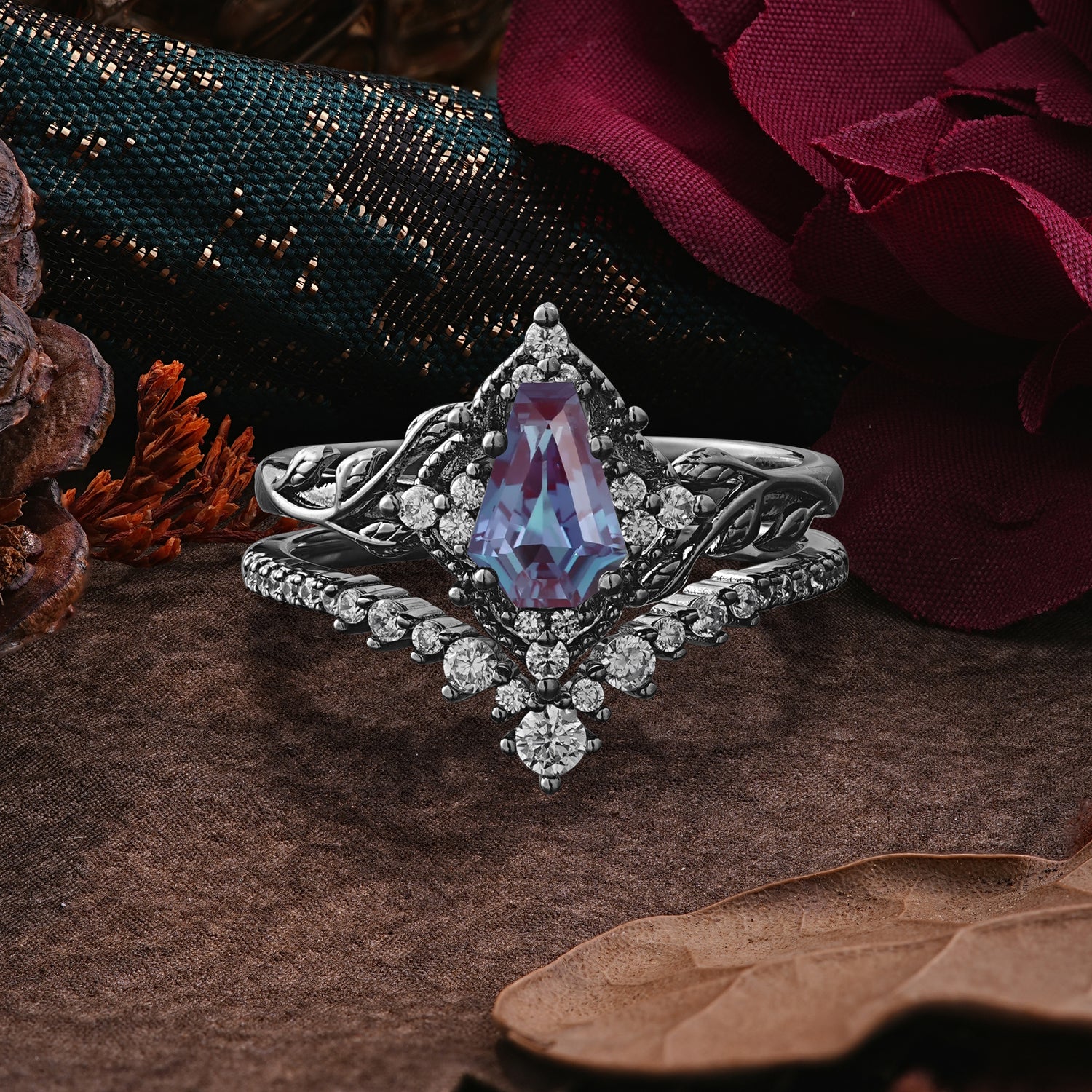 Halloween Limited-Dark Natural Inspiration 4 Prong Coffin Cut Black Rutilated Quartz Ring Set