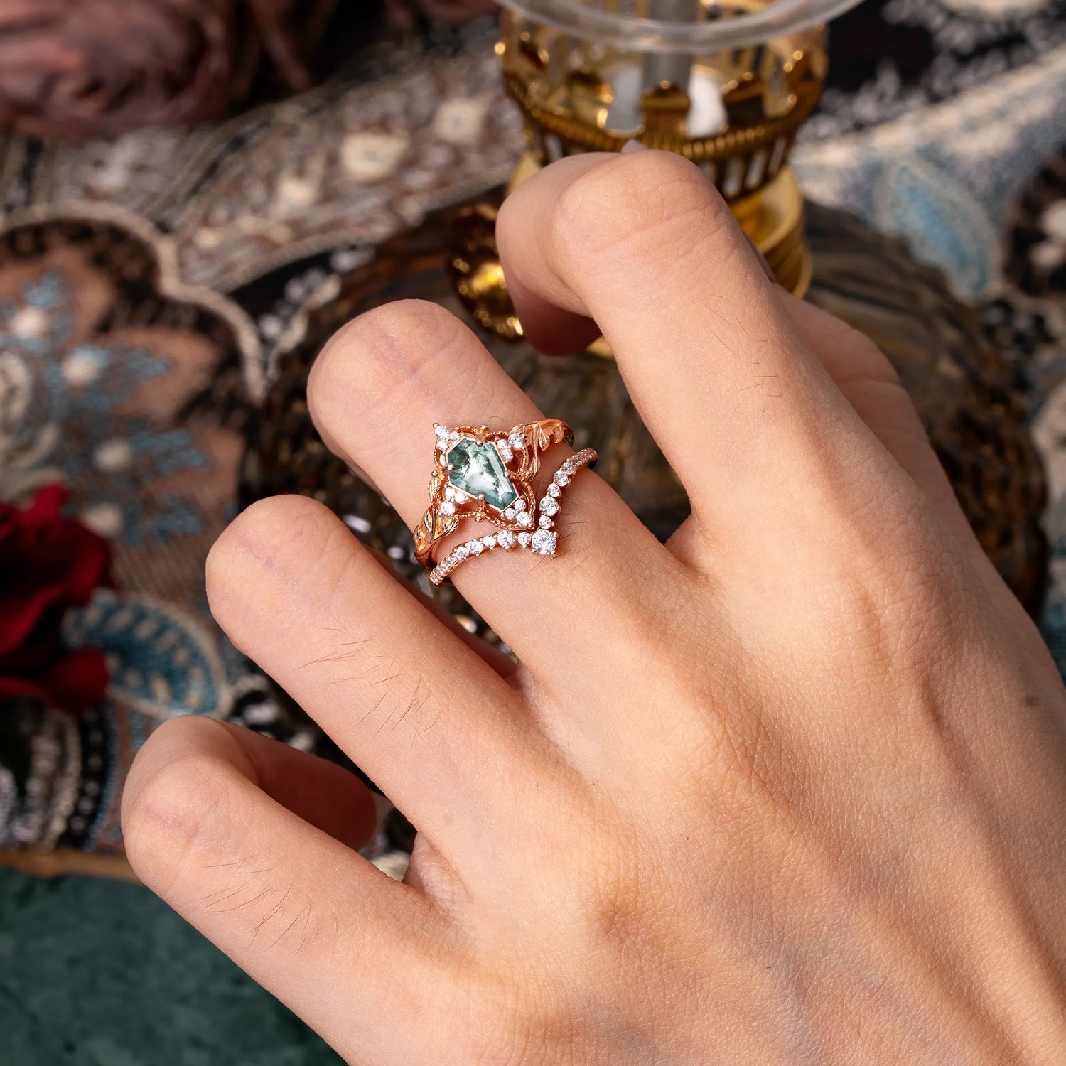 Minimalist Vintage 4-Prong Coffin-Cut Moss Agate Engagement Ring Set