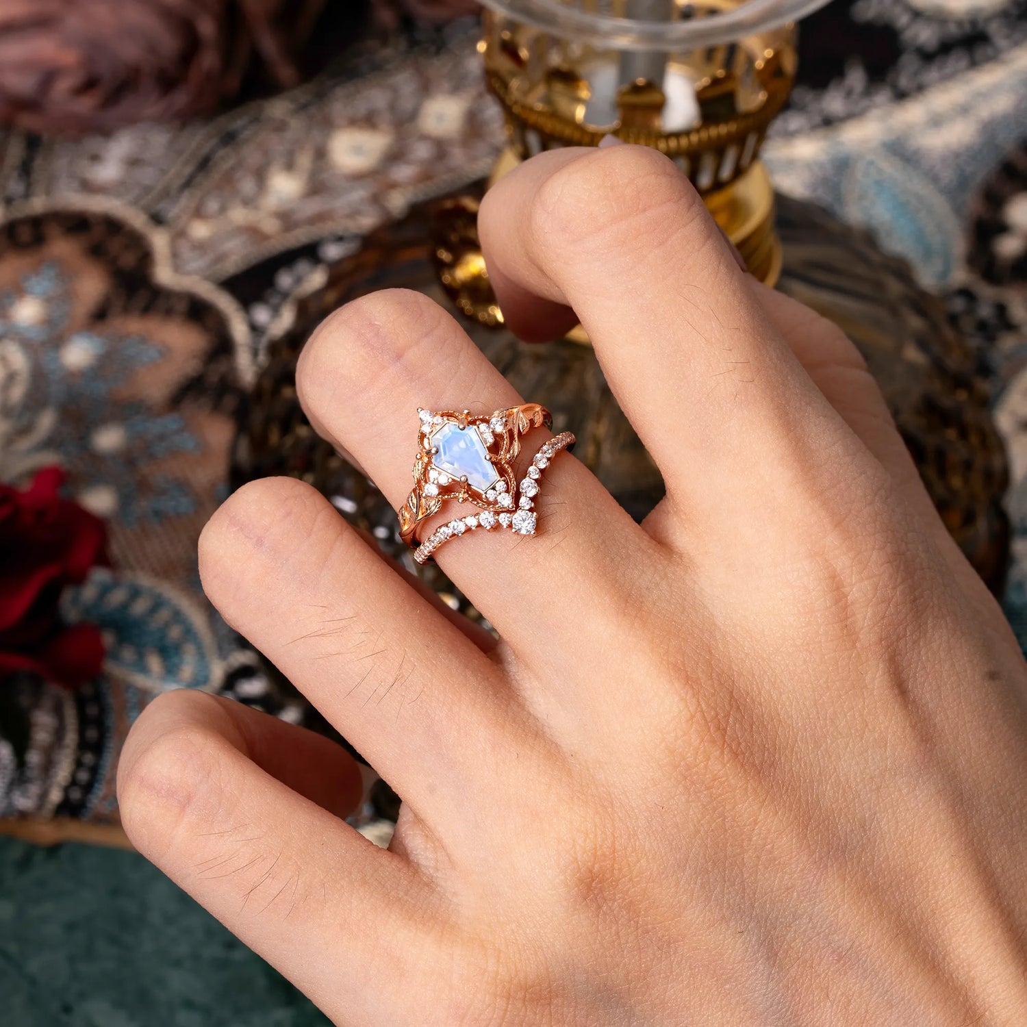 Minimalist Vintage 4-Prong Coffin-Cut Moonstone Engagement Ring Set