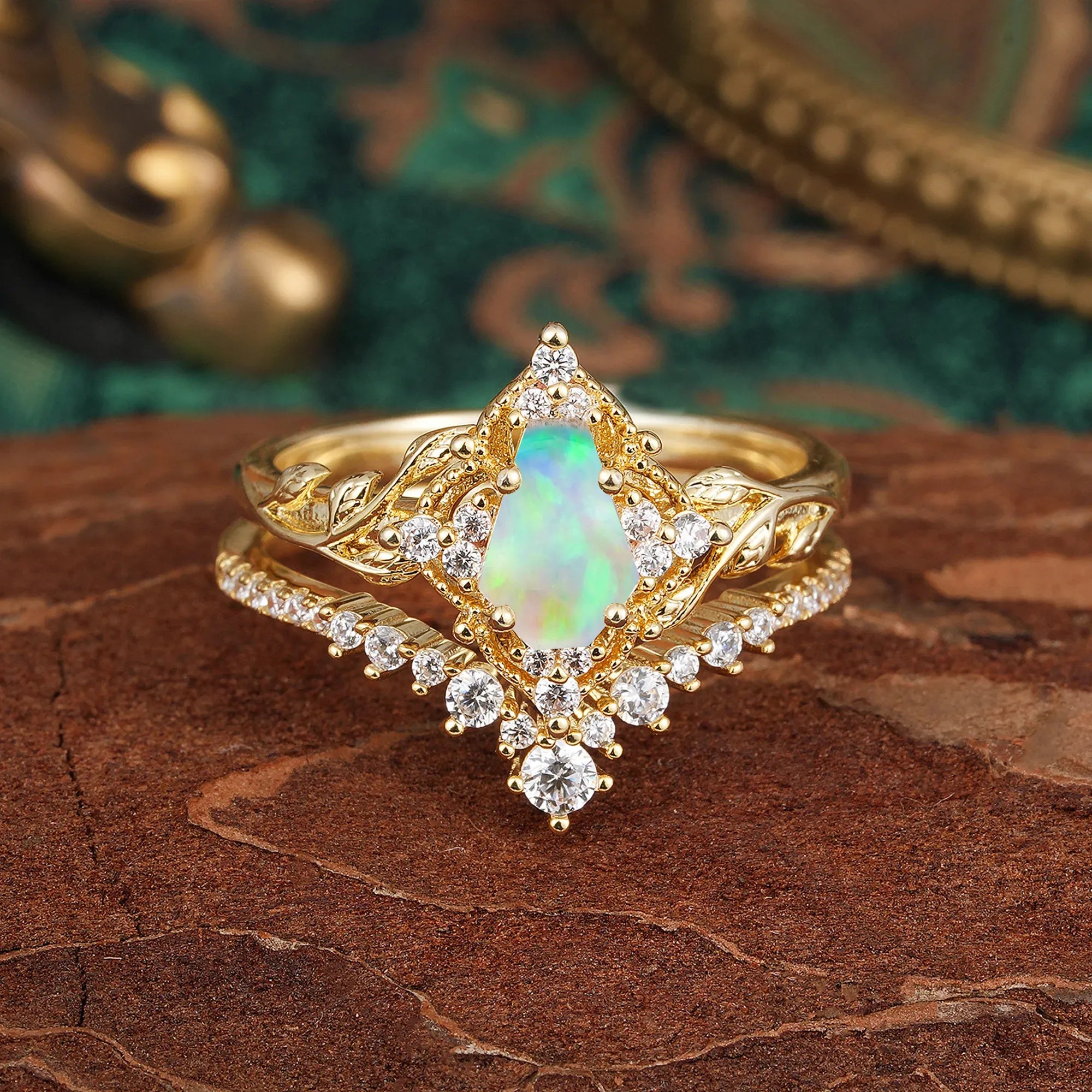 Minimalist Vintage 4-Prong Coffin-Cut Opal Engagement Ring Set - Romalar Jewelry