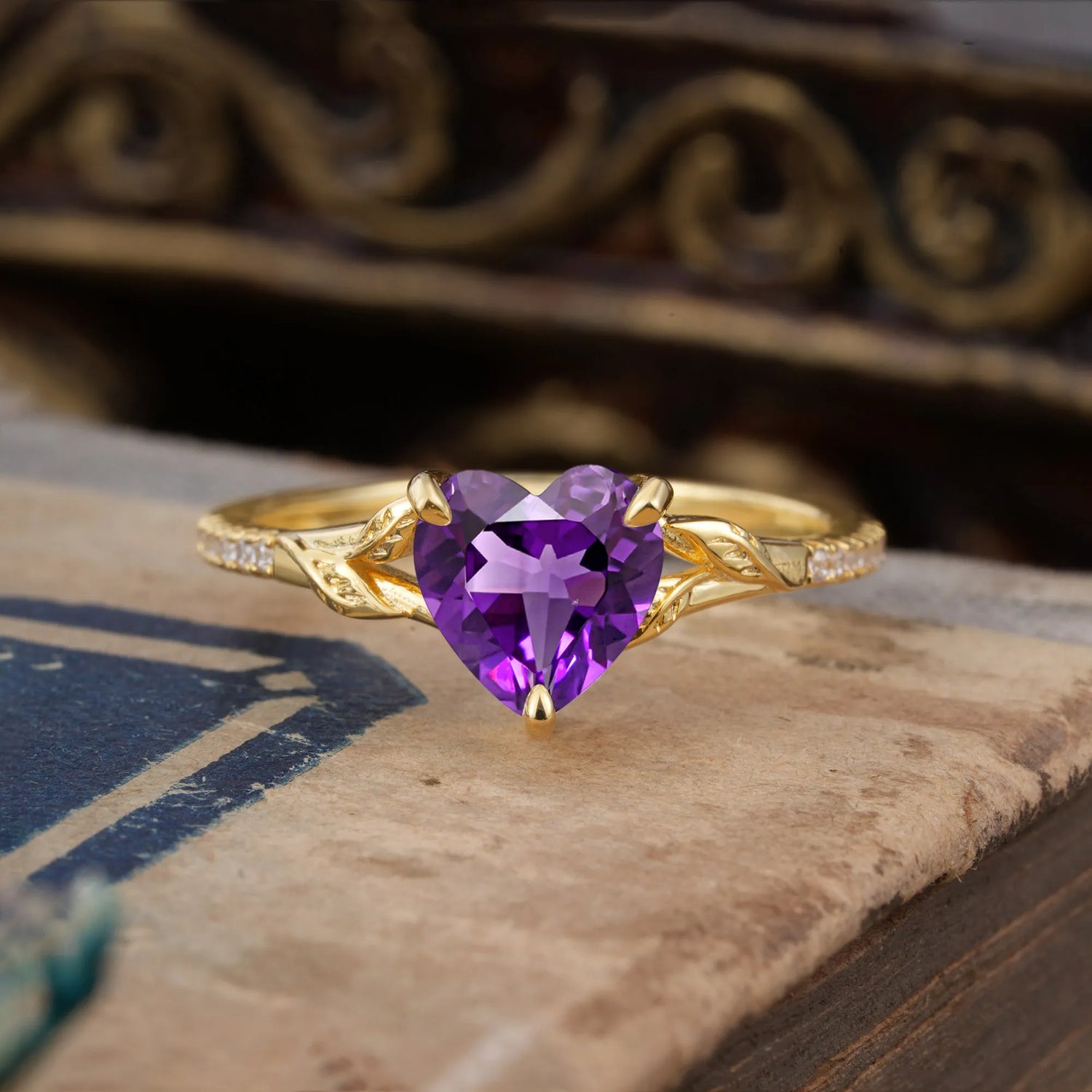 Vintage 3-Prong Heart-Cut Natural Amethyst Engagement Ring