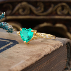 Vintage 3-Prong Heart-Cut Natural Emerald Engagement Ring