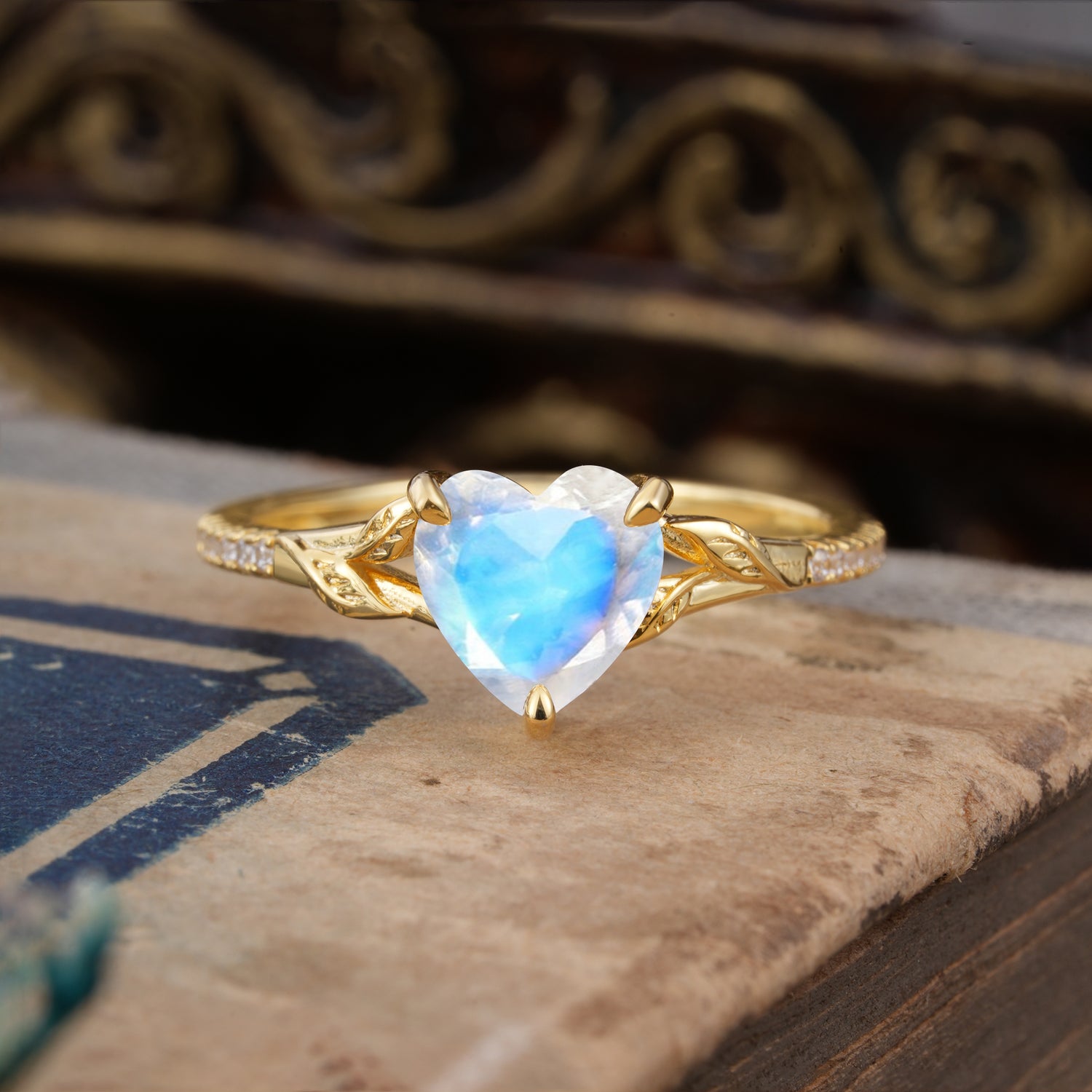 Vintage 3-Prong Heart-Cut Natural Moonstone Engagement Ring - Romalar Jewelry