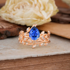 Nature-Inspired Leaf Pear Cut Sapphire Ring Set-2pc