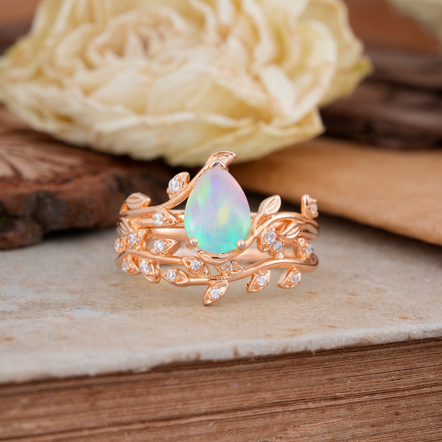 Nature-Inspired Leaf Pear Cut Opal Bridal Ring Set