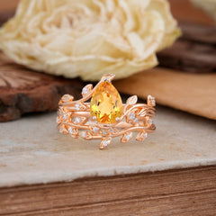 Nature-Inspired Leaf Pear Cut Citrine Ring Set-2pc