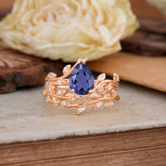 Nature-Inspired Leaf Pear Cut Tanzanite Ring Set-2pc