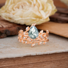 Nature-Inspired Leaf Pear Cut Moss Agate Ring Set-2pc