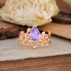 Nature-Inspired Leaf Pear Cut Amethyst Ring Set-2pc