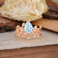 Nature-Inspired Leaf Pear Cut Aquamarine Ring Set-2pc