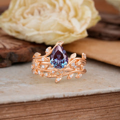 Nature-Inspired Leaf Pear Cut Alexandrite Ring Set-2pc