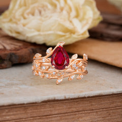Nature-Inspired Leaf Pear Cut Ruby Ring Set-2pc