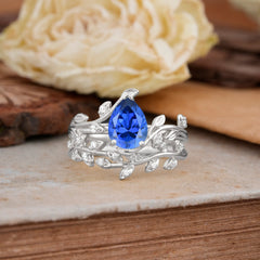Nature-Inspired Leaf Pear Cut Sapphire Ring Set-2pc