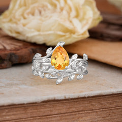 Nature-Inspired Leaf Pear Cut Citrine Ring Set-2pc
