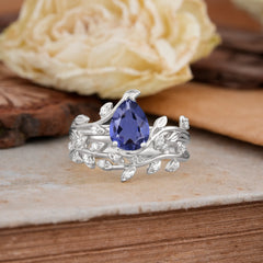 Nature-Inspired Leaf Pear Cut Tanzanite Ring Set-2pc