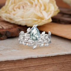 Nature-Inspired Leaf Pear Cut Moss Agate Ring Set-2pc