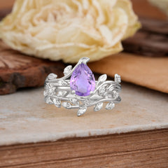 Nature-Inspired Leaf Pear Cut Amethyst Ring Set-2pc