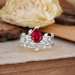 Nature-Inspired Leaf Pear Cut Ruby Ring Set-2pc