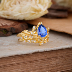 Nature-Inspired Leaf Pear Cut Sapphire Ring Set-2pc