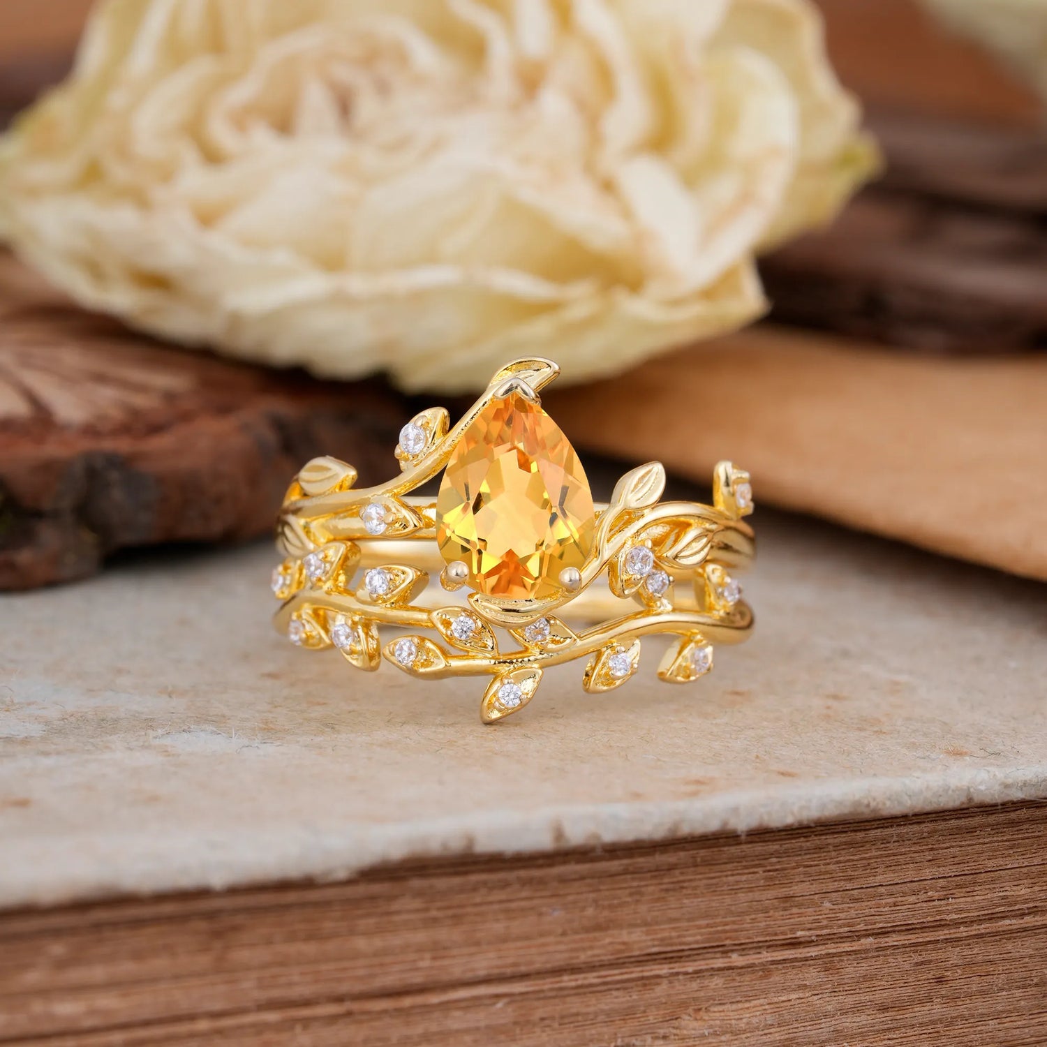 Nature-Inspired Leaf Pear Cut Citrine Bridal Ring Set